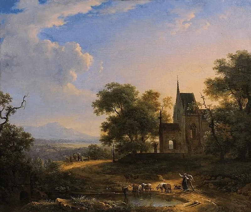 Scena pastorale in un paesaggio nei pressi di una chiesa